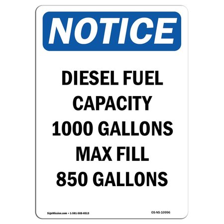 SIGNMISSION OSHA Notice Sign, 18" Height, Aluminum, Diesel Fuel Capacity 1000 Gallons Sign, Portrait OS-NS-A-1218-V-10996